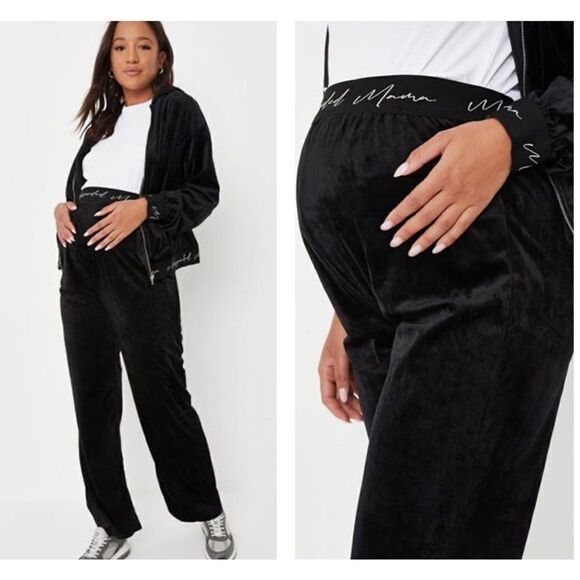 missguided Mama lounge Velour Wide Leg Black Pants US Size 14 Large maternity - Picture 1 of 14